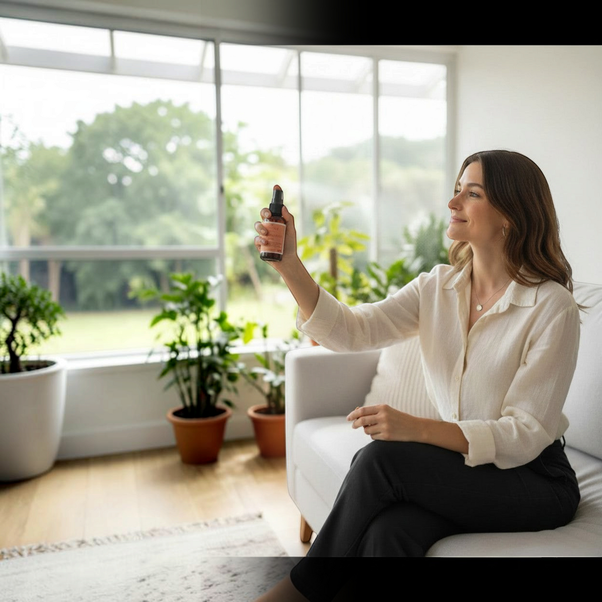 Mayam Holistic woman using Ritual Energía Vital mist with citrus notes for energy and mood boost.