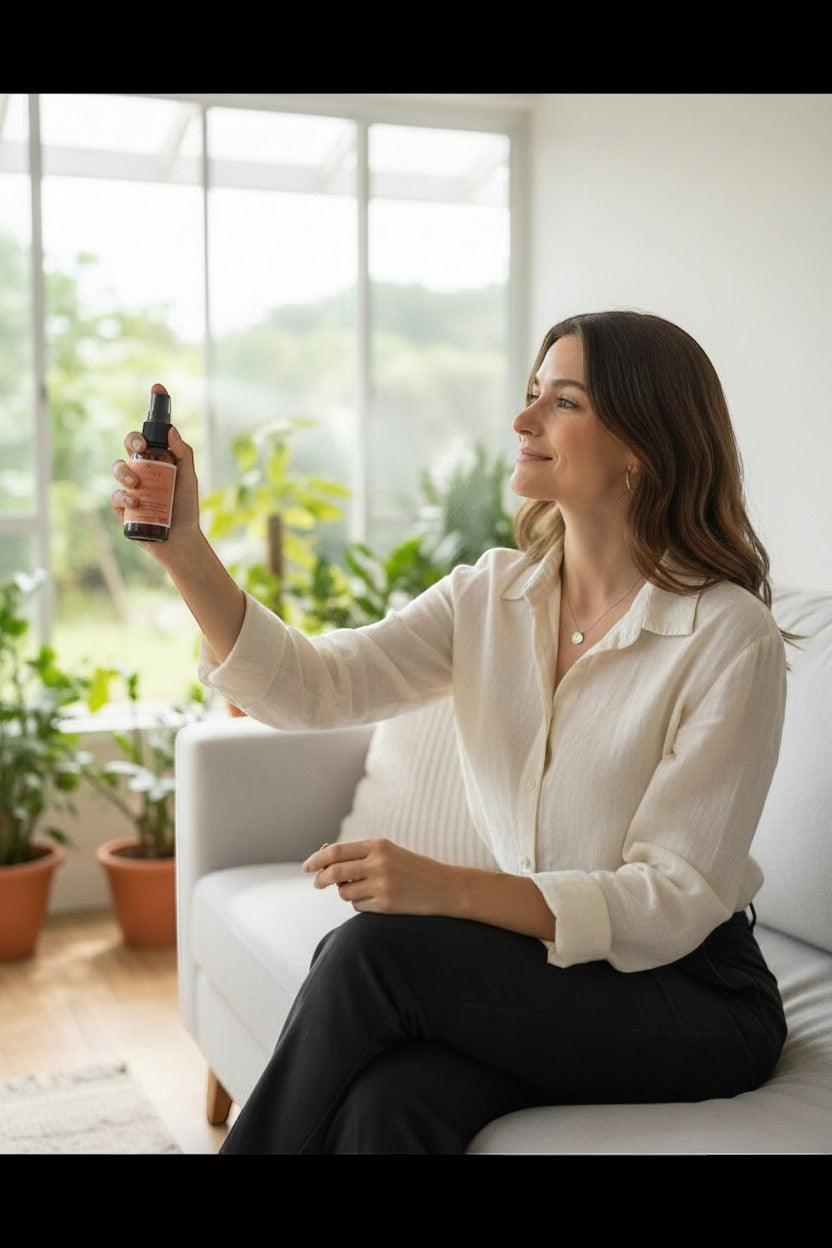 Mayam Holistic woman using Ritual Energía Vital mist with citrus notes for energy and mood boost.