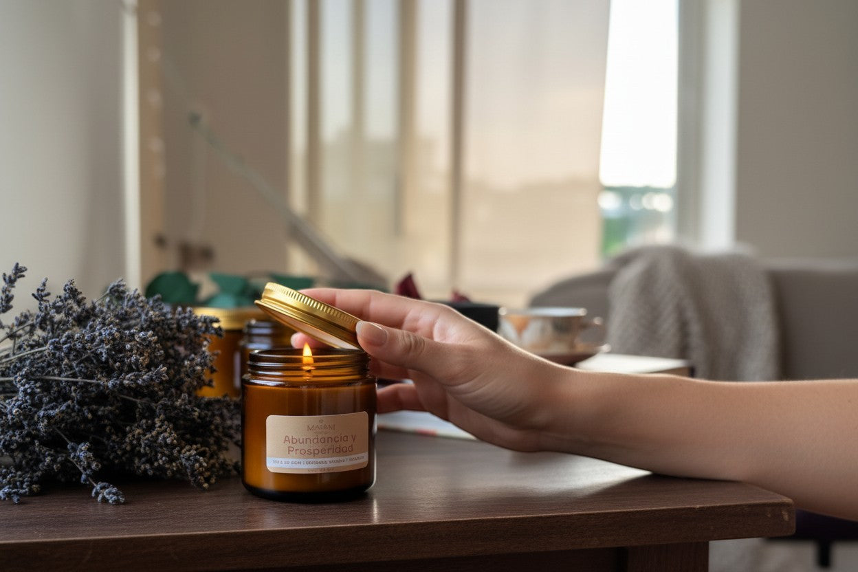 Mayam Holistic Abundancia y Prosperidad soy candle with orange, cinnamon, and sandalwood scents. Hand opening lid.
